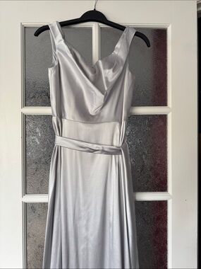 Silver Satin Cowl Neck Evening Dress